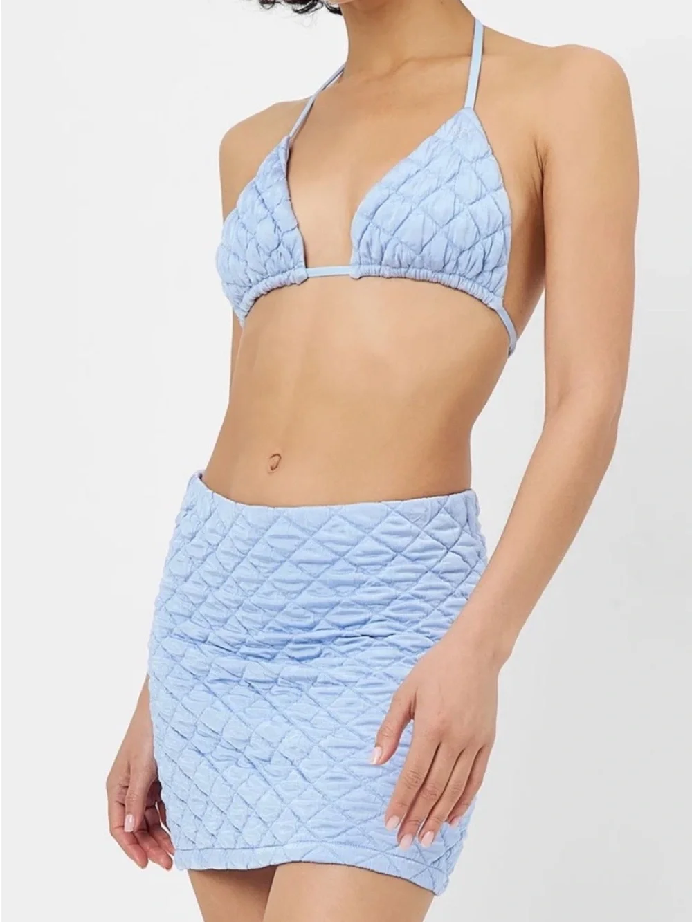 NWT Frankie’s bikinis quilted blue puff triangle top and skirt set
